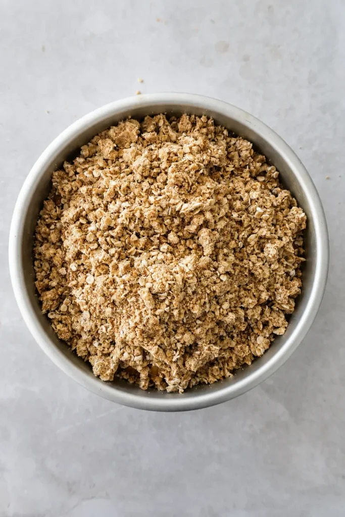 Gluten-free vegan apple cake in a round baking pan, shown from above with a soft browned top and apple chunks baked into the batter.