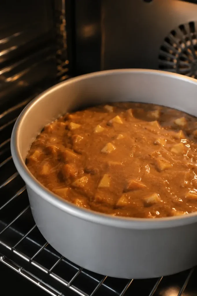Vegan apple cake batter in a round cake pan placed inside a modern oven, shown in a close-up baking process shot.