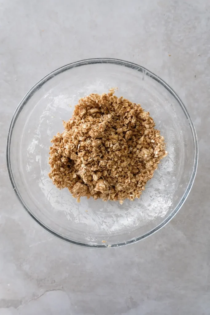 Vegan apple cake crumble mixture in a glass bowl, showing oats and dry ingredients rubbed together for the topping.