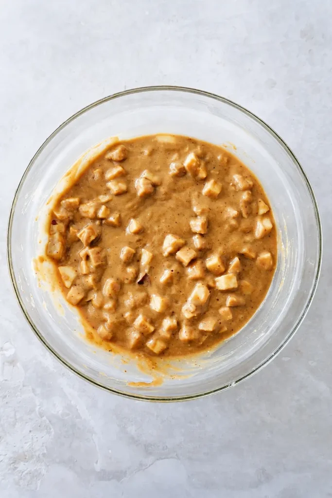 Vegan apple cake batter mixed in a glass bowl, shown from above on a neutral stone surface.