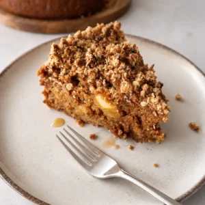 Vegan apple cake recipe slice on a ceramic plate with extra maple syrup, soft editorial styling, and a rustic apple cake in the background.