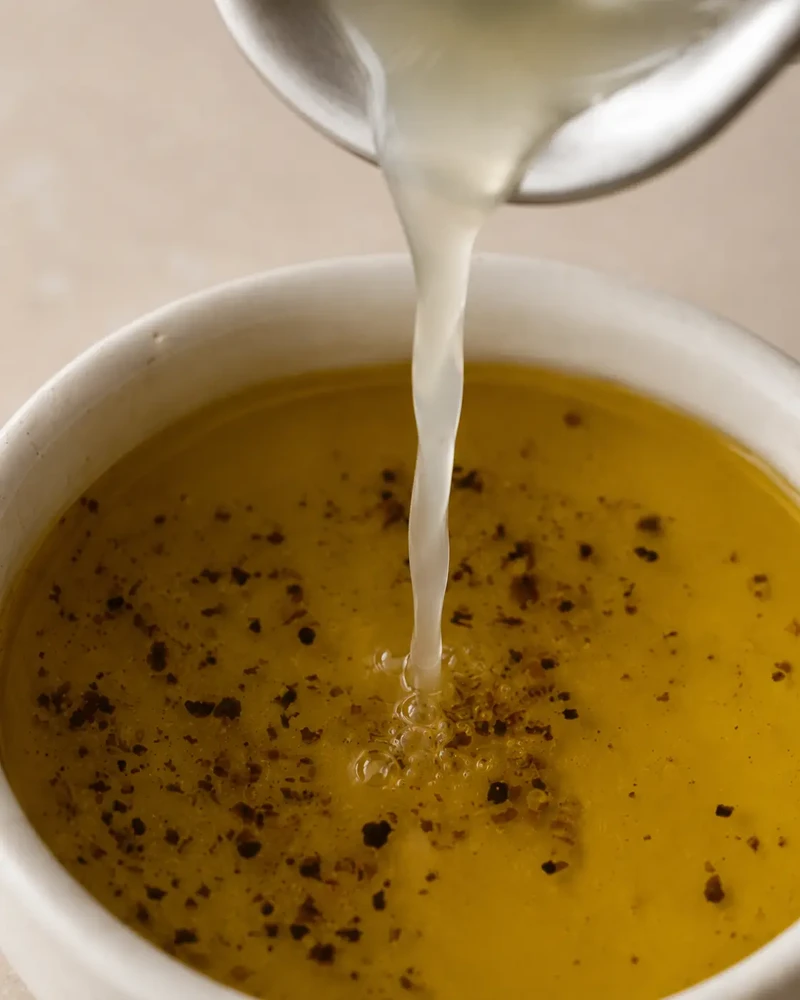 Close-up of lemon juice pouring into a small bowl of olive oil dressing