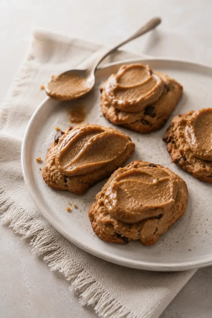 Medjool date caramel sauce spread over homemade rustic cookies with irregular edges on a neutral ceramic plate.