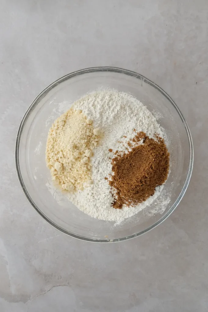 Vegan apple cake dry ingredients in a glass mixing bowl before being rubbed into a crumbly texture.