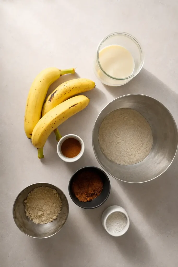 vegan gluten free banana bread ingredients arranged on a light kitchen surface with bananas, plant milk, cinnamon, flours, and coconut sugar.