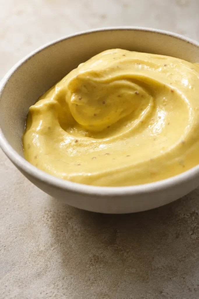 Vegan mayo in a ceramic bowl with a creamy swirl and smooth texture.