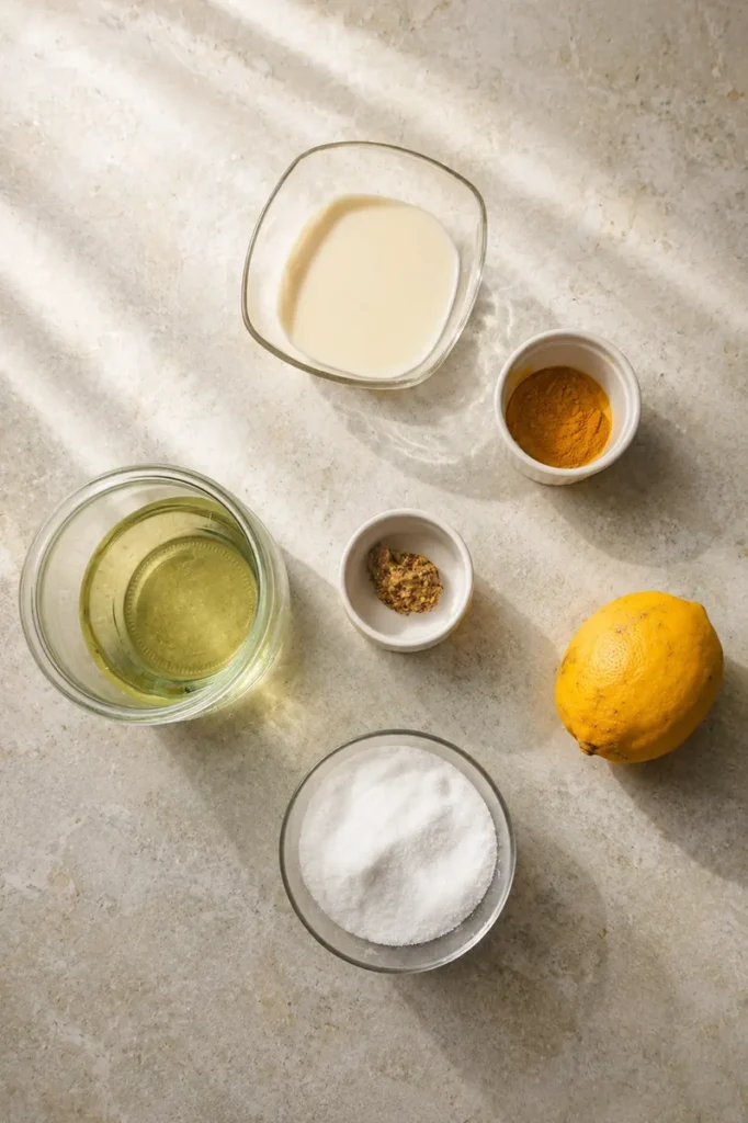 Vegan mayo ingredients with plant milk, oil, lemon, mustard, turmeric, and salt arranged on a stone surface.