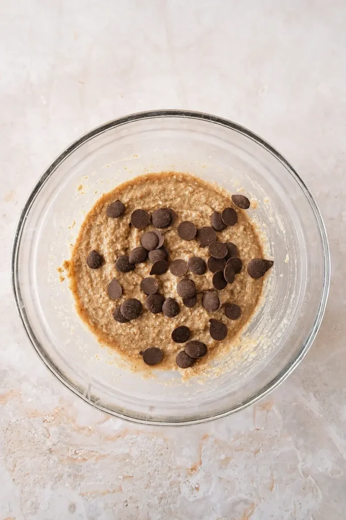 Vegan oat gluten free cookies dough in a glass bowl, mixed with chocolate chips before being folded into the batter.