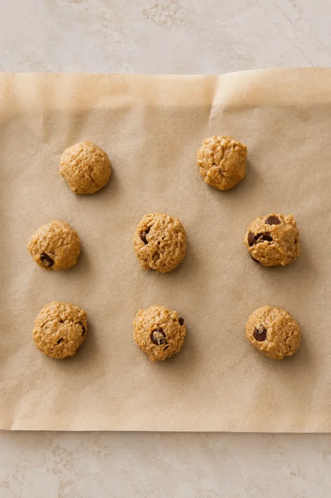 Vegan oat gluten free cookies dough balls arranged on parchment paper, ready to be flattened before baking.