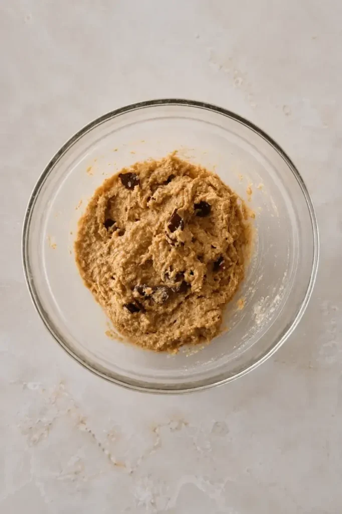 Vegan oat gluten free cookies dough fully mixed in a glass bowl, with chocolate chips incorporated into the thick oat-based batter.