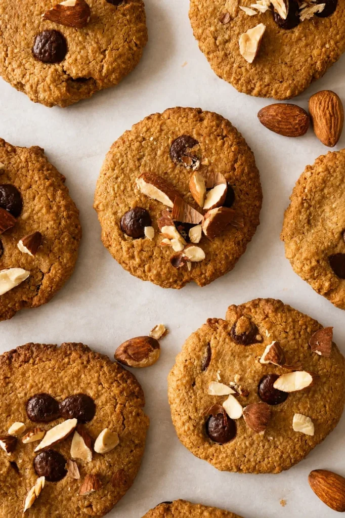 Vegan oat gluten free cookies topped with chocolate chips and chopped almonds, arranged on parchment paper in a close-up overhead view.