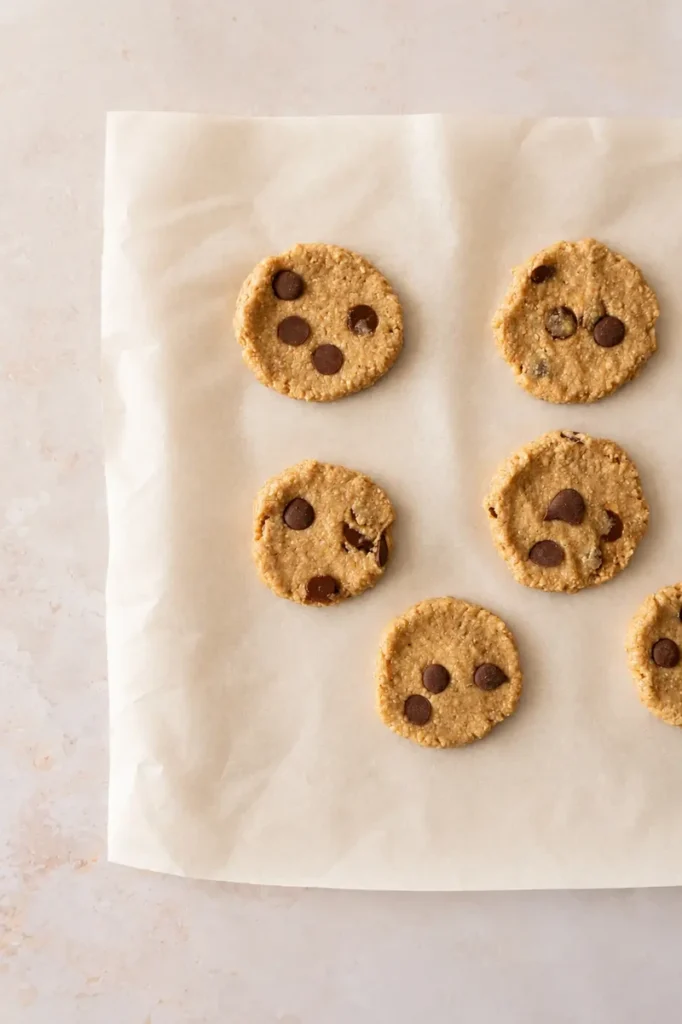 Vegan oat gluten free cookies shaped into round chocolate chip cookies on parchment paper, ready to go in the oven.