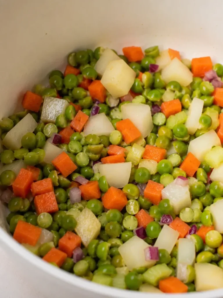 Vegan Split pea soup recipe step with green split peas, potatoes, carrots, celery, and red onion cooking in a white ceramic pot.