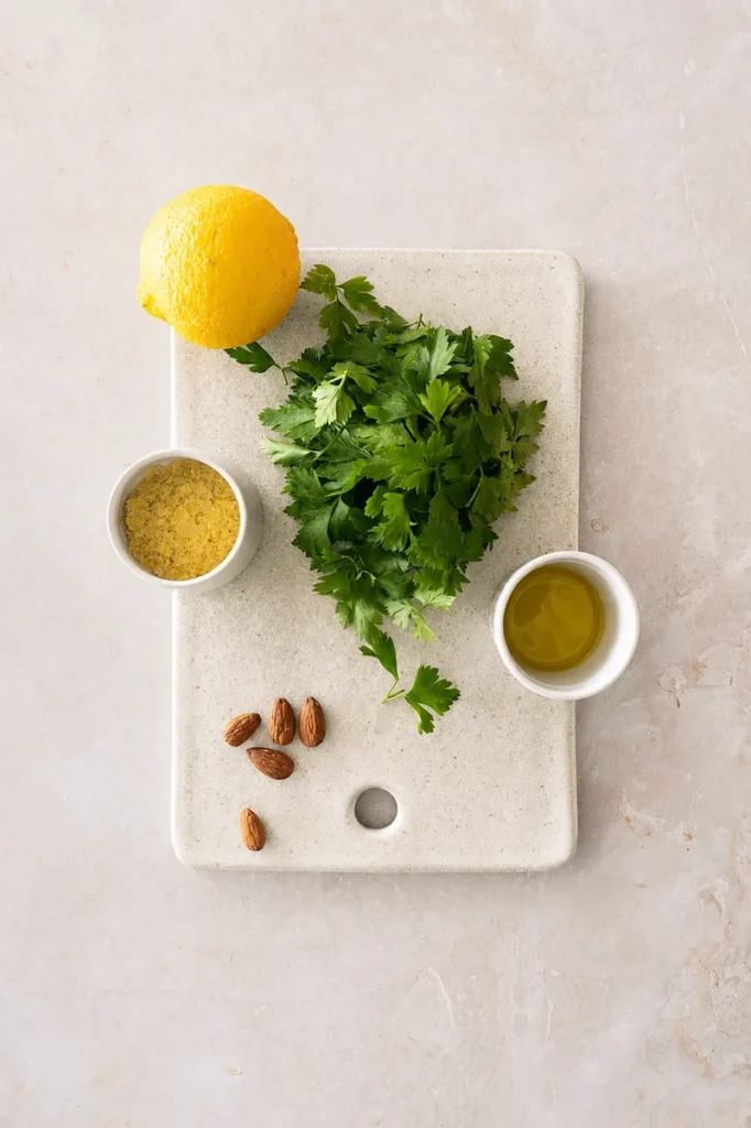 Vegan pesto pasta ingredients with parsley, lemon, almonds, olive oil, and nutritional yeast on a neutral countertop.
