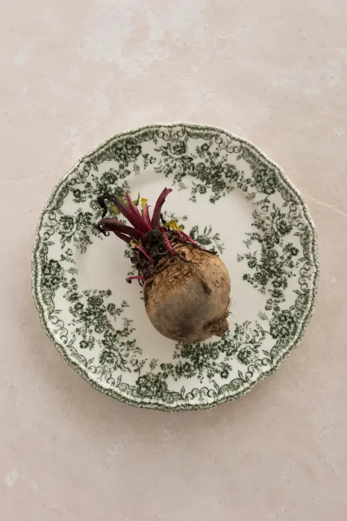 Pink hummus beetroot on a vintage floral plate, shown whole and ready to be used for the recipe.