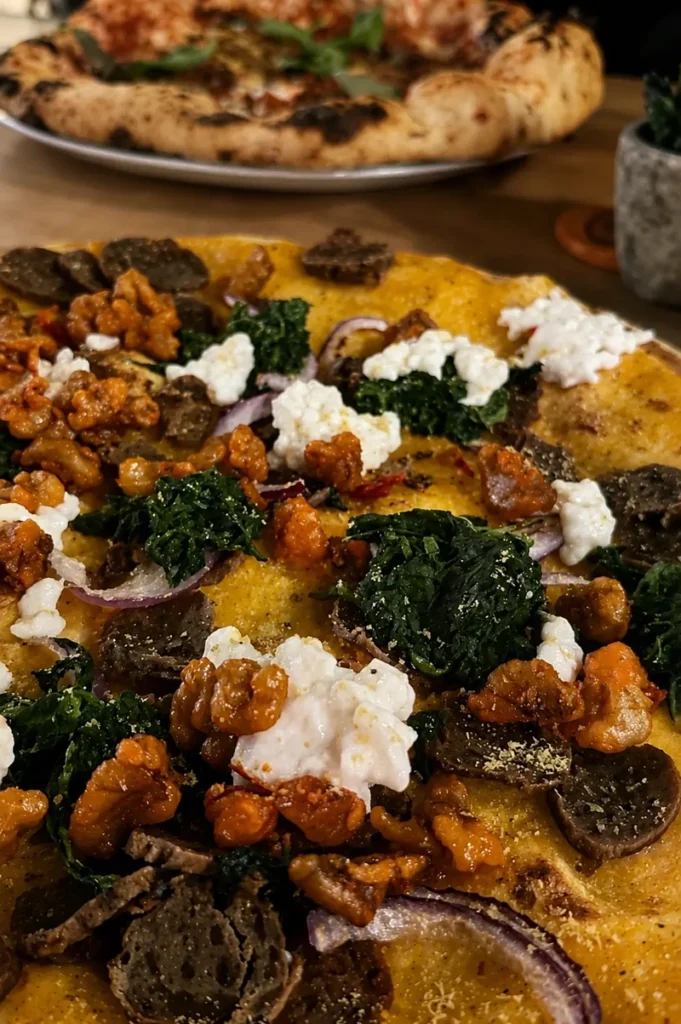 Purezza vegan pizza topped with mushrooms, leafy greens, vegan cheese, and walnut pieces, served on a wooden table.