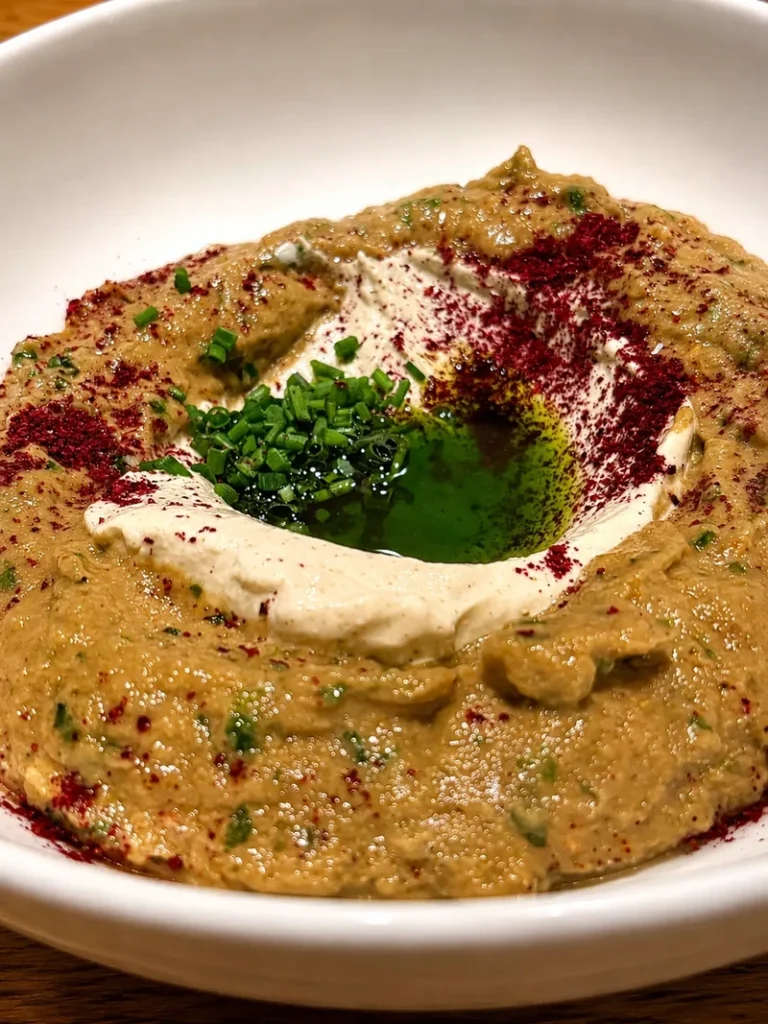 Studio Gauthier vegan dip with green herb oil, chives, and red spice served in a white bowl.
