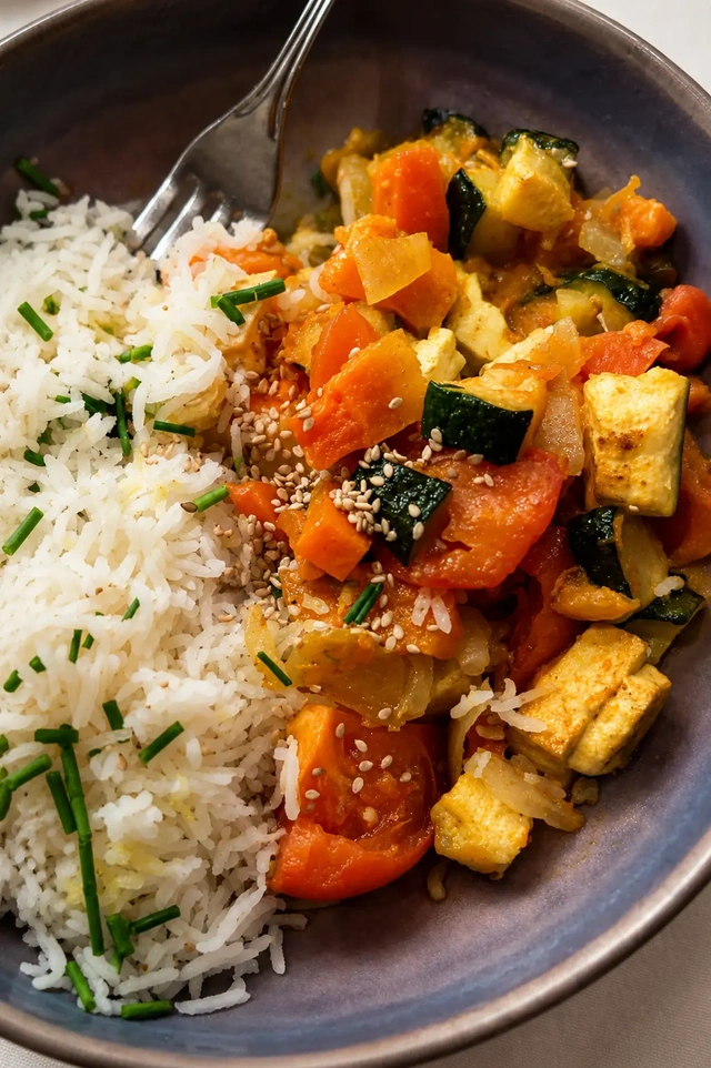 Vegan restaurants in Madrid, colorful rice bowl with tofu, zucchini, tomato, sesame seeds, and fresh chives.