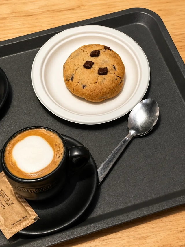 Vegan gluten-free cookie and coffee at Chök Madrid, served on a tray at Chock Madrid