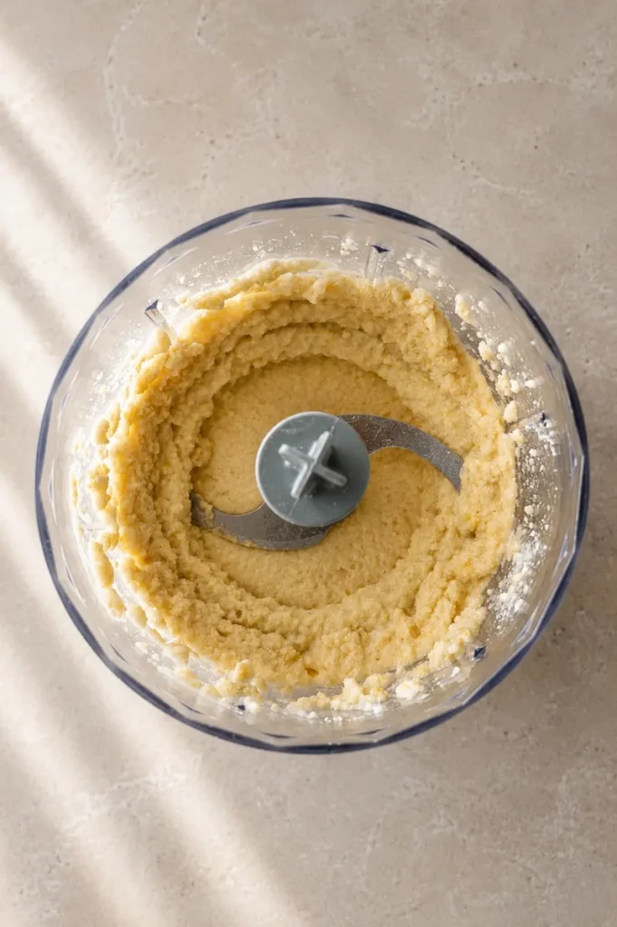 Vegan ricotta mixture partially blended in a food processor with a coarse, creamy texture