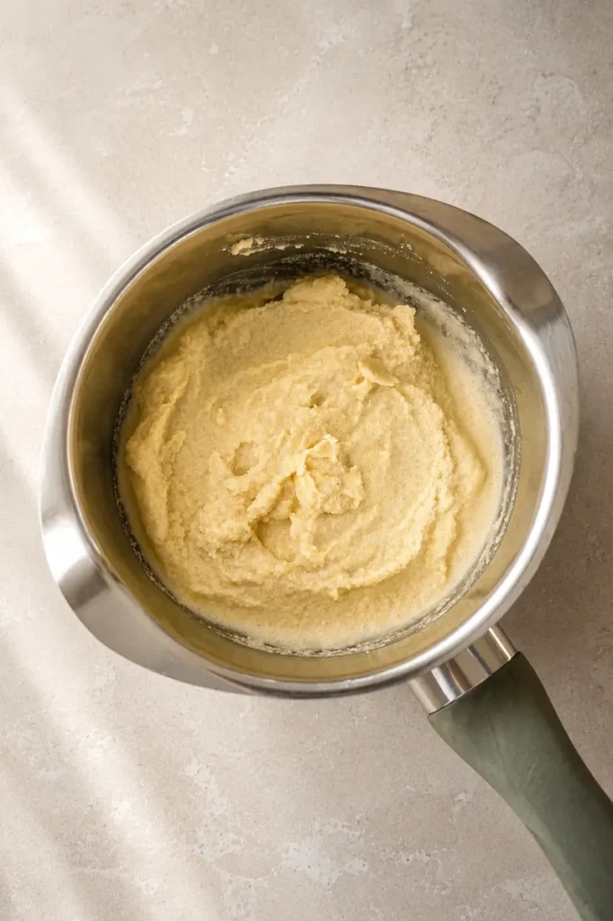 Vegan ricotta mixture cooking in a small stainless steel saucepan