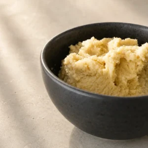 Vegan ricotta close-up in a black bowl with a creamy, slightly crumbly texture on a neutral surface