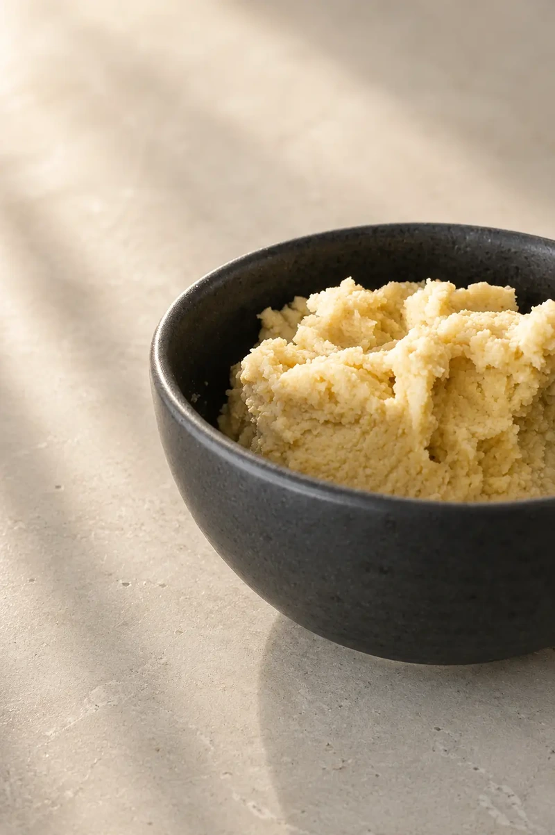 Vegan ricotta close-up in a black bowl with a creamy, slightly crumbly texture on a neutral surface
