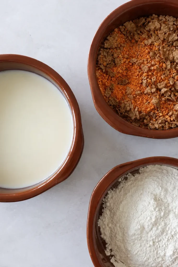 Vegan schnitzel breading station with plant-based milk, seasoned crumbs, and flour in ceramic bowls.