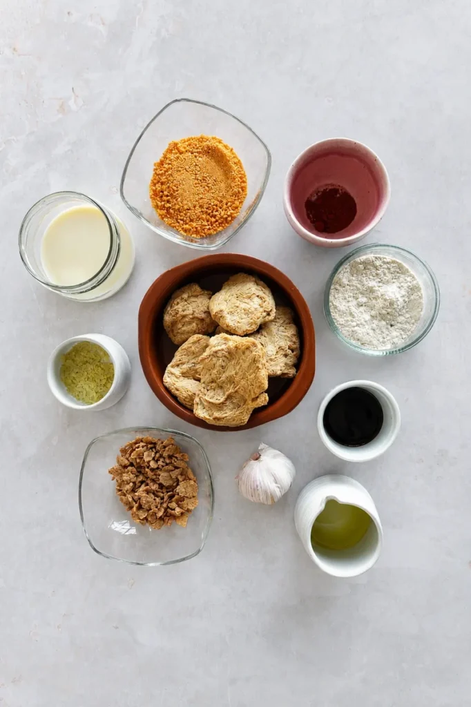 Vegan schnitzel ingredients arranged on a neutral surface with soy chunks, plant-based milk, breadcrumbs, flour, spices, garlic, olive oil, and soy sauce.