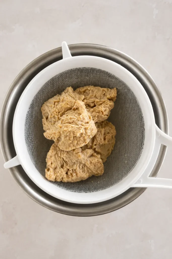 Vegan schnitzel soy chunks drained in a fine mesh strainer after soaking and ready to be seasoned.