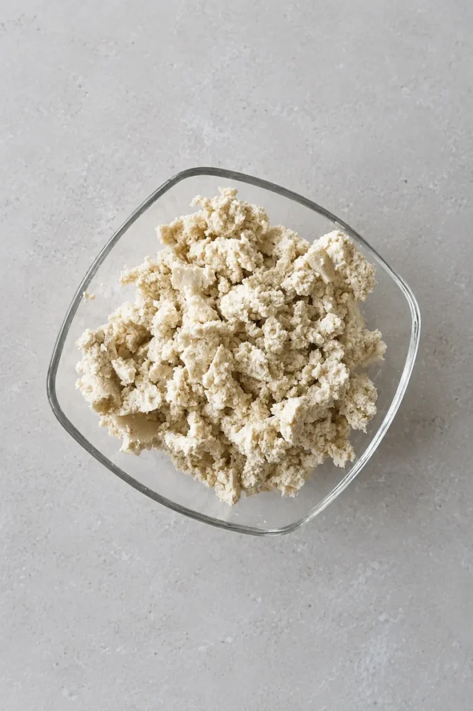vegan tofu scramble crumbled tofu in a glass bowl ready to be seasoned