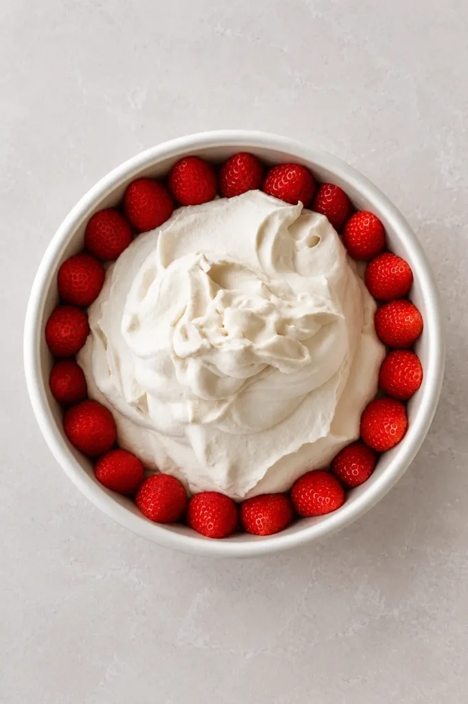 Vegan strawberry cheesecake creamy filling being folded in a stainless steel bowl with a spatula.