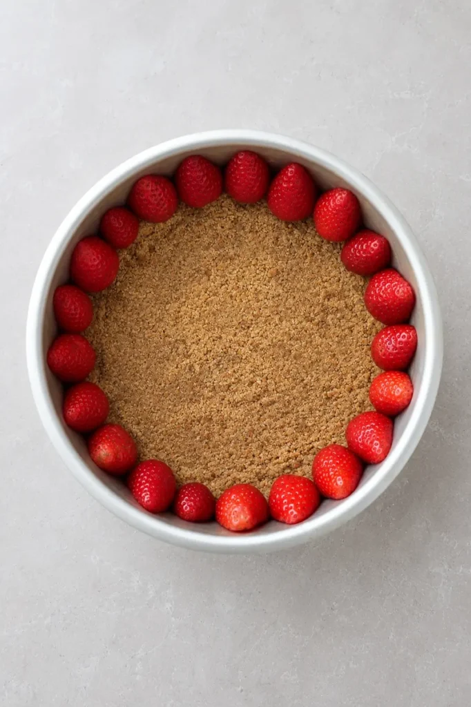 Vegan strawberry cheesecake crust lined with fresh strawberries around the edge of the cake pan.