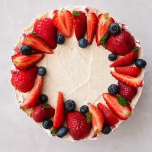 Vegan strawberry cheesecake decorated with berries and mint, shown from above with a soft creamy center.