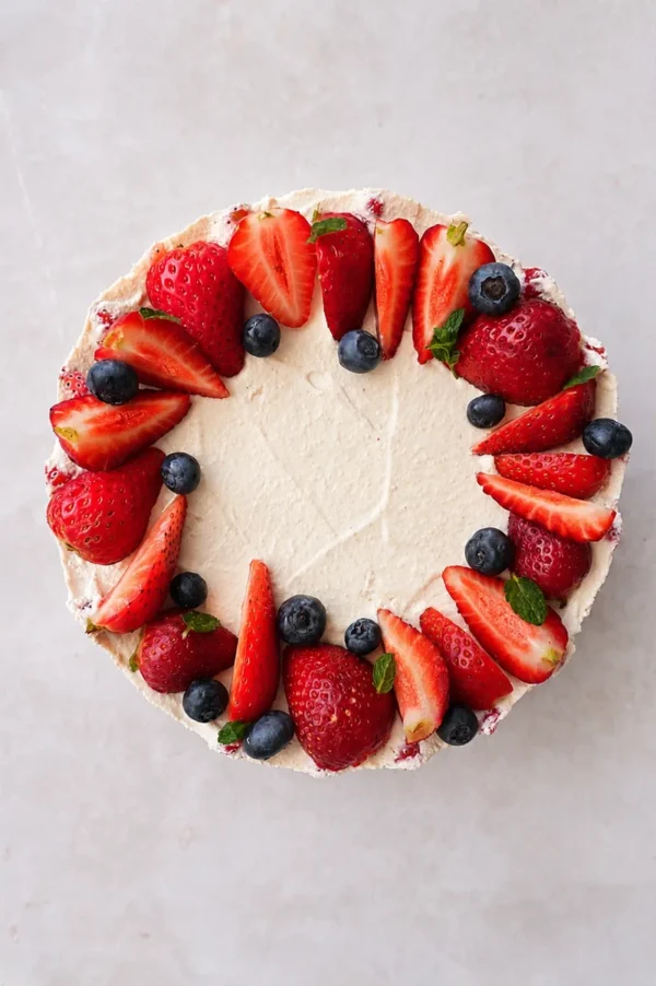 Vegan strawberry cheesecake decorated with berries and mint, shown from above with a soft creamy center.