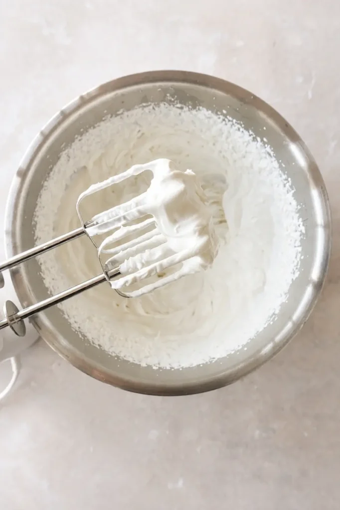 Vegan strawberry cheesecake whipped vegan cream on electric beaters after mixing.