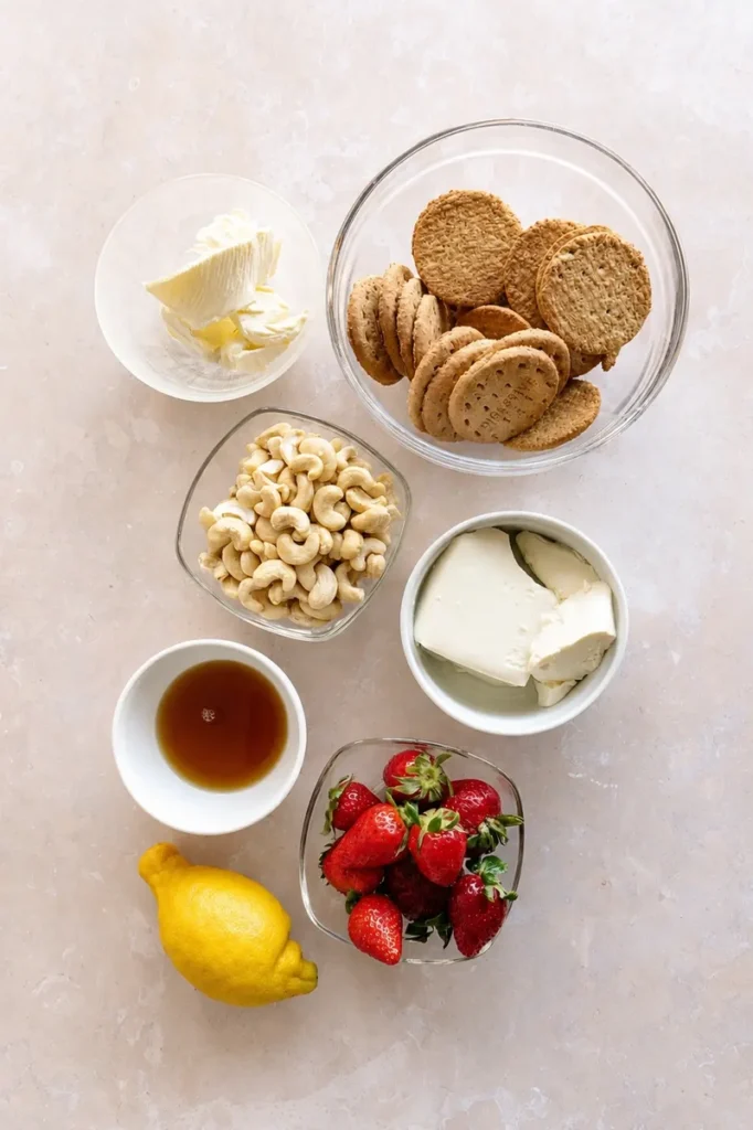 Vegan strawberry cheesecake ingredients arranged on a light countertop, including strawberries, cashews, lemon, maple syrup, vegan cream, and gluten-free cookies.