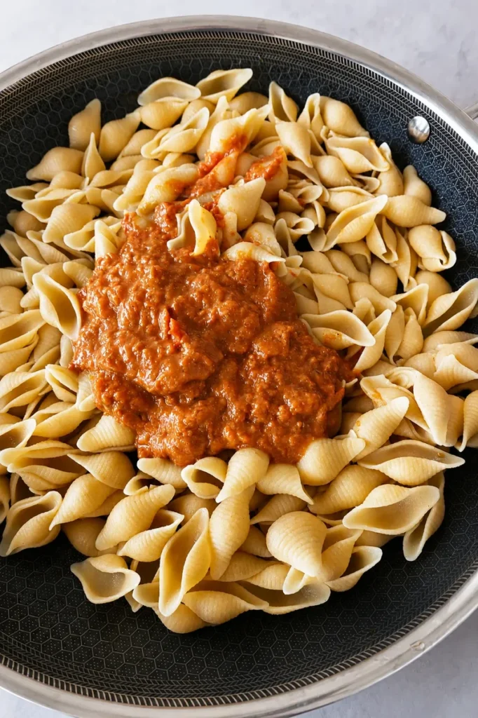 Vegan tomato pasta with shell pasta and creamy roasted cherry tomato sauce added to the pan.