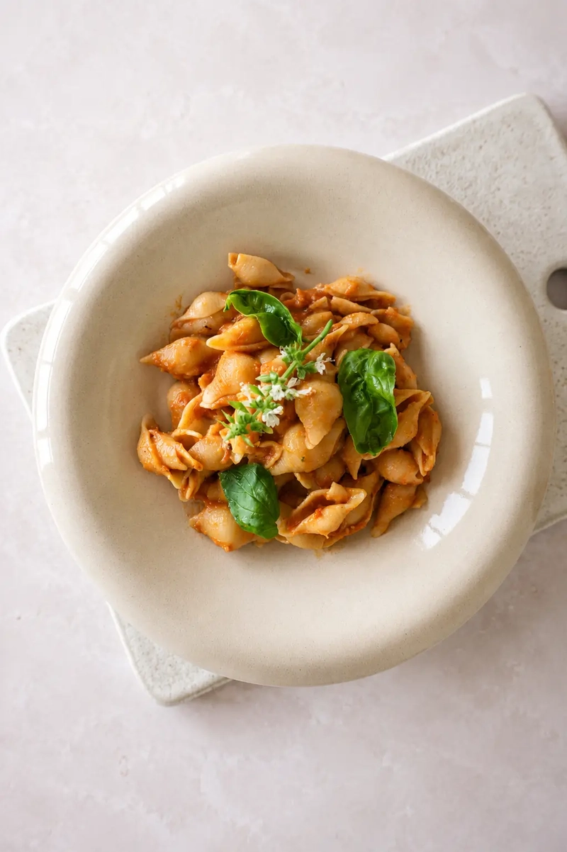 Vegan tomato pasta close-up with creamy roasted cherry tomato sauce, shell pasta, fresh basil, and olive oil.