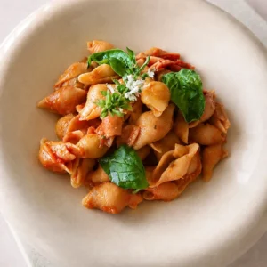 Vegan tomato pasta close-up with creamy roasted cherry tomato sauce, shell pasta, fresh basil, and olive oil.