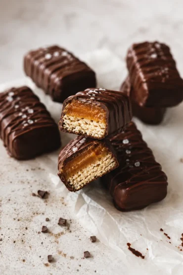 Easy Vegan Twix Bars with Dates chocolate-covered bars on parchment paper, with one cut open to show the date caramel and oat base layers.
