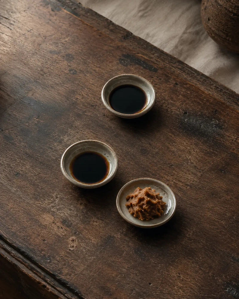 Soy sauce and miso paste in small ceramic bowls on a rustic wooden table, styled as a moody Japanese-inspired ingredient still life.