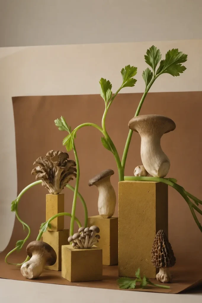Umami foods Minimalist still life with assorted mushrooms arranged on mustard-colored cement blocks, accented with curved celery stalks, set against a warm neutral backdrop in an editorial studio composition.