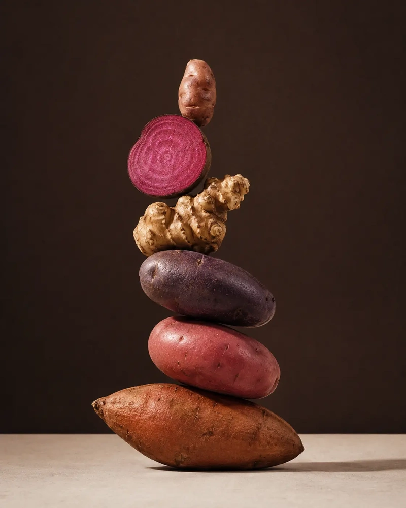Umami Root vegetable still life with assorted potatoes and tubers stacked in a sculptural balance against a dark brown background, including sweet potato, red potato, purple potato, Jerusalem artichoke, and a sliced magenta root.