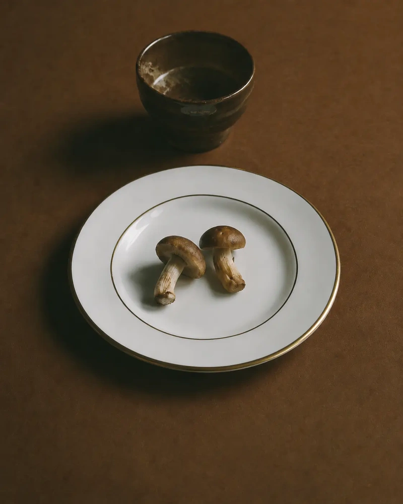 Mushrooms on a white vintage plate with a dark ceramic cup in the background, photographed in a warm brown editorial still life style.