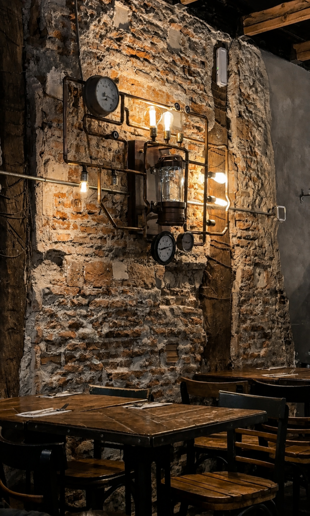 Vegan restaurants in Madrid guide showing a warm industrial-style restaurant interior with brick walls, vintage lighting, and wooden tables.
