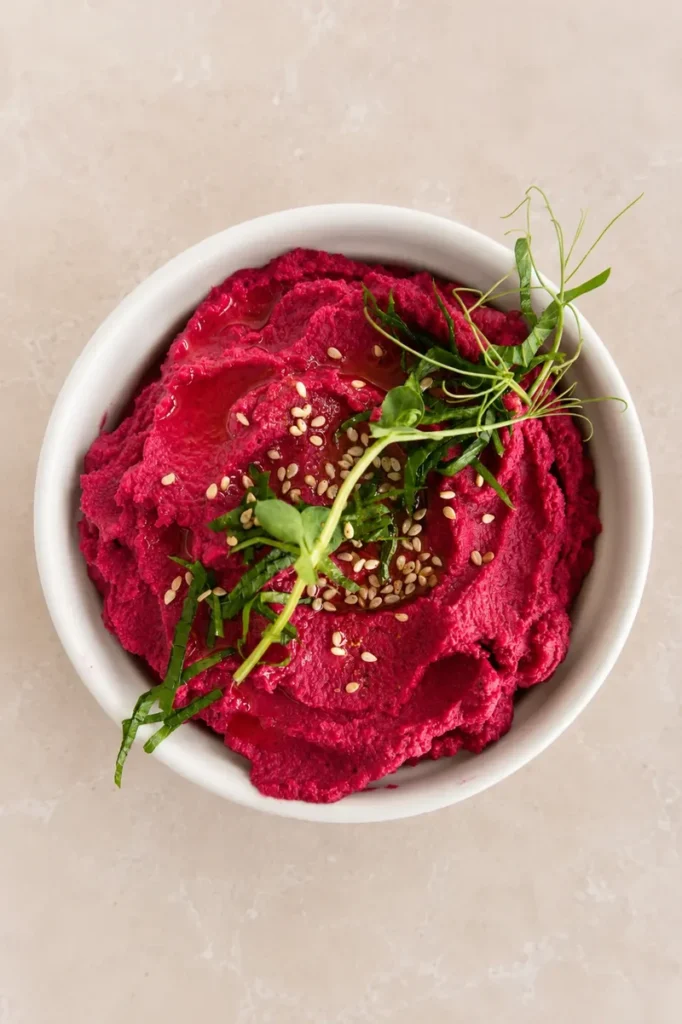 Pink hummus topped with grated fermented beets, sesame seeds, olive oil, and fresh green herbs in a white bowl on a neutral beige background.