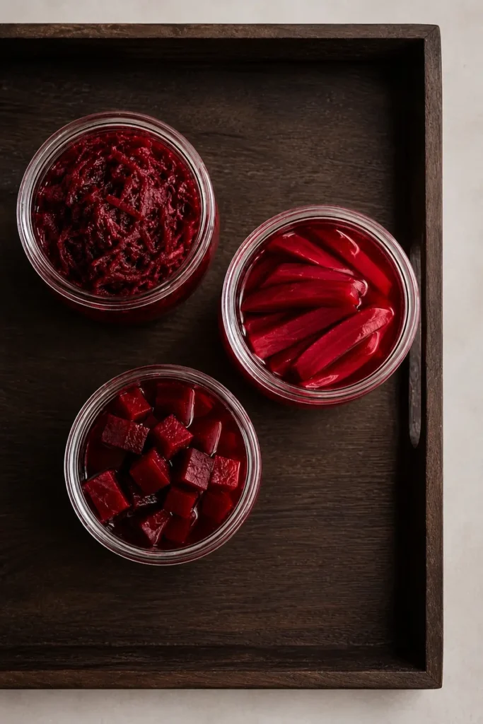 Fermented beets step by step guide, beets in three glass jars, shown as shredded beets, beet sticks, and beet cubes in deep red brine.