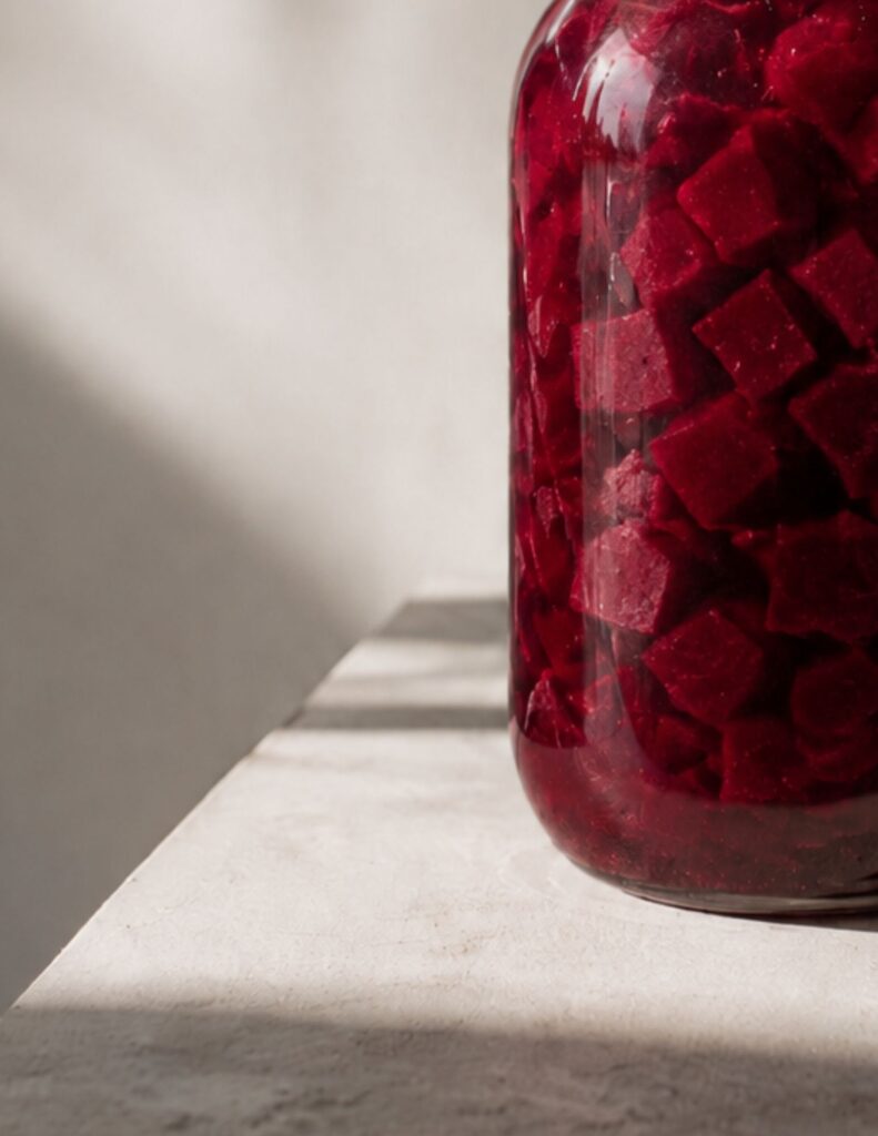 Fermented beets in a glass jar on a stone surface, with deep red beet cubes in brine and soft natural light.