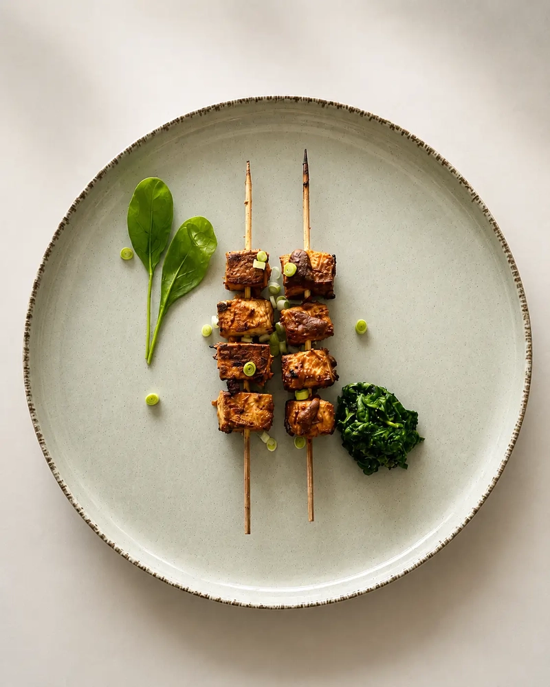 Marinated tofu skewers served on a large ceramic plate with sautéed greens, fresh spinach leaves, and sliced spring onion on a neutral background.